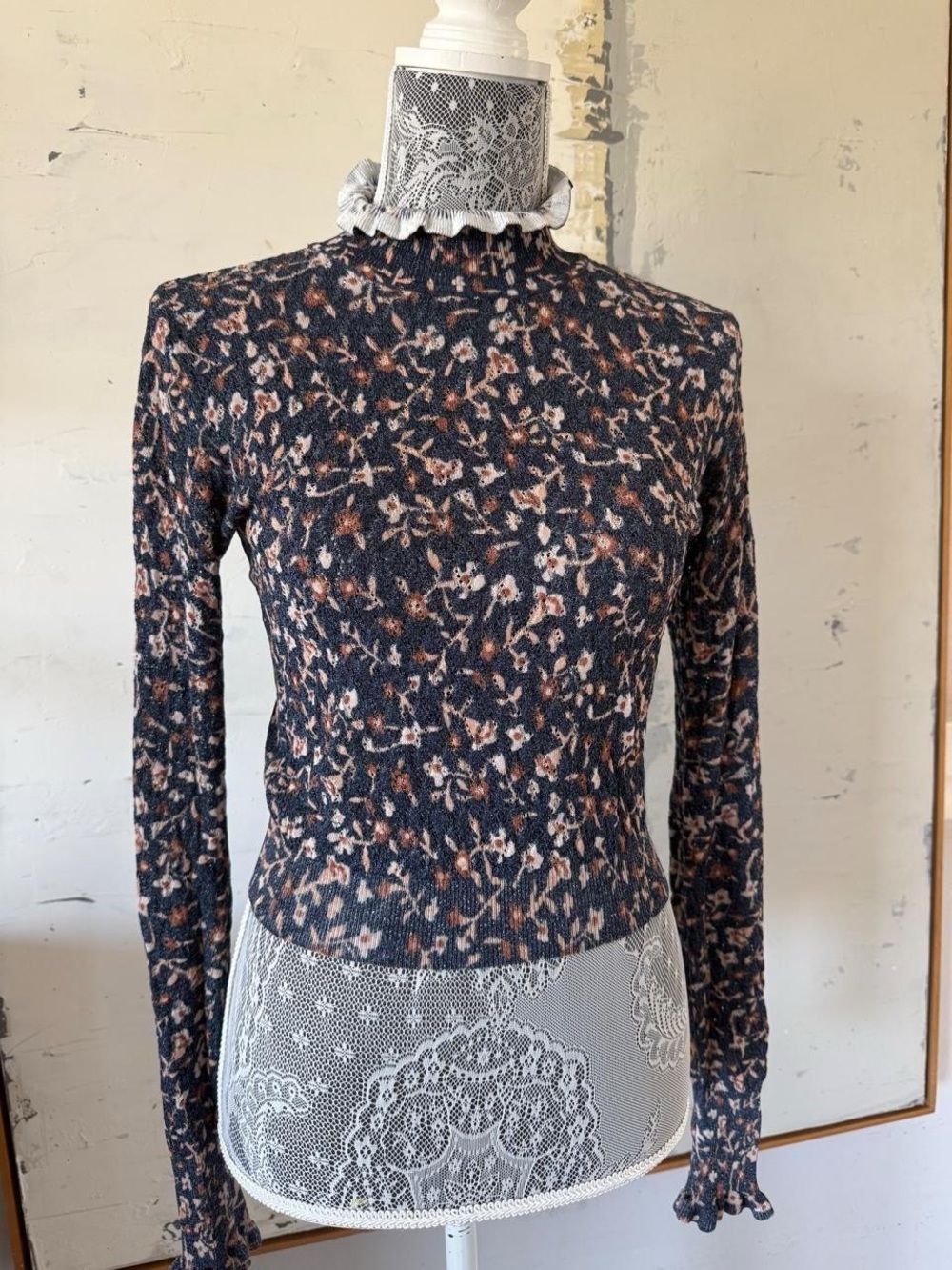 ZARA Floral Knit Mock Neck Top
